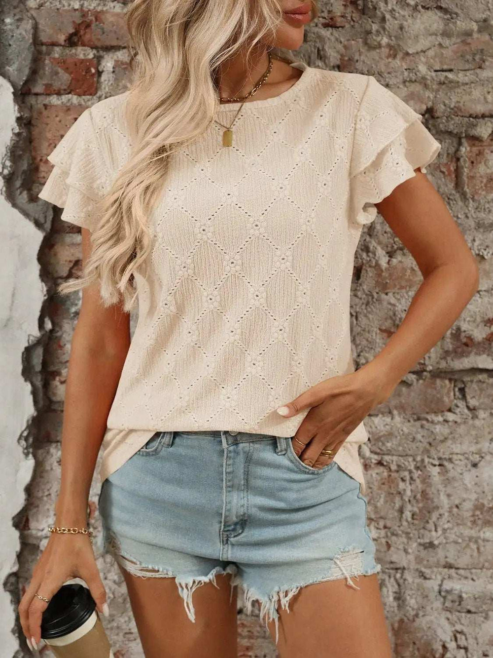 Eyelet Round Neck Double Layered Ruffled Short Sleeve Top - Trendsi - Flyclothing LLC