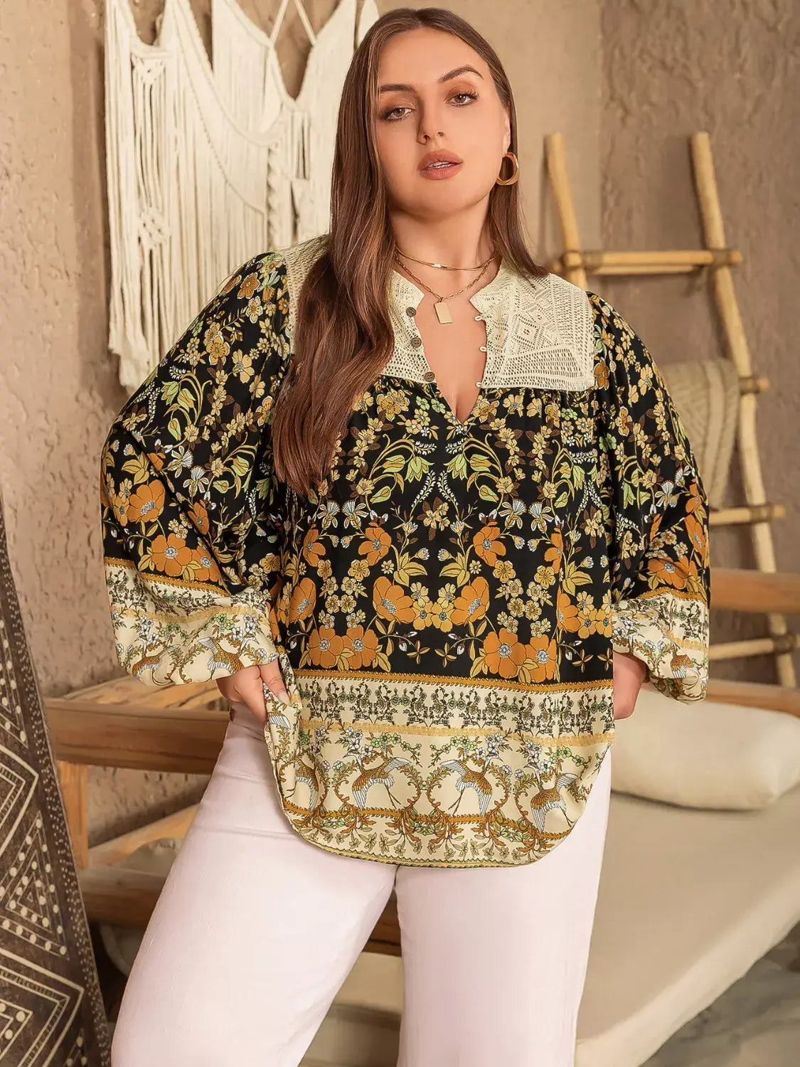 Plus Size Floral Print Notched Blouse - Trendsi - Flyclothing LLC