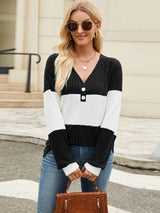 Color Block V-Neck Long Sleeve T-Shirt - Trendsi - Flyclothing LLC
