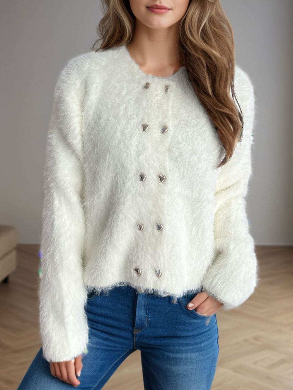 Heart Button Round Neck Cardigan - Trendsi - Flyclothing LLC