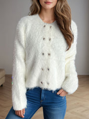 Heart Button Round Neck Cardigan - Trendsi