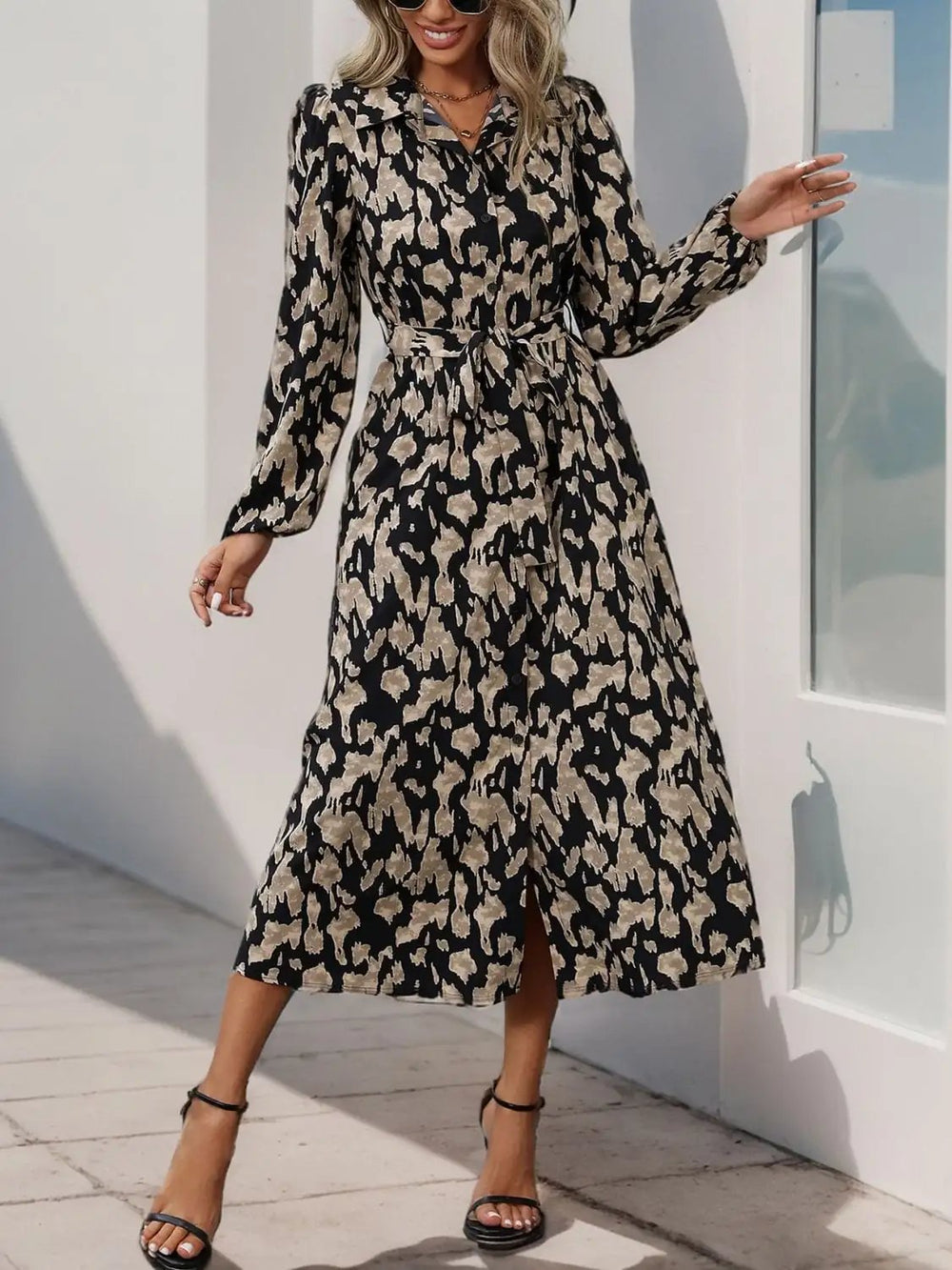 Perfee Printed Long Sleeve Midi Dress - Trendsi