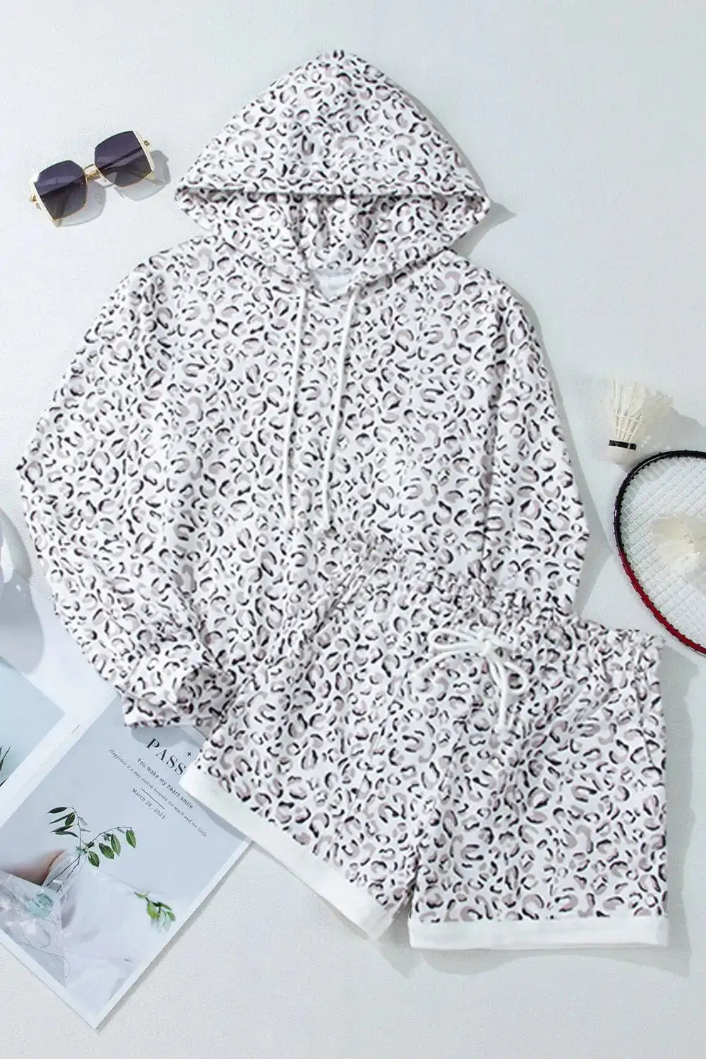 Drawstring Leopard Long Sleeve Hooded Top and Shorts Set - Trendsi