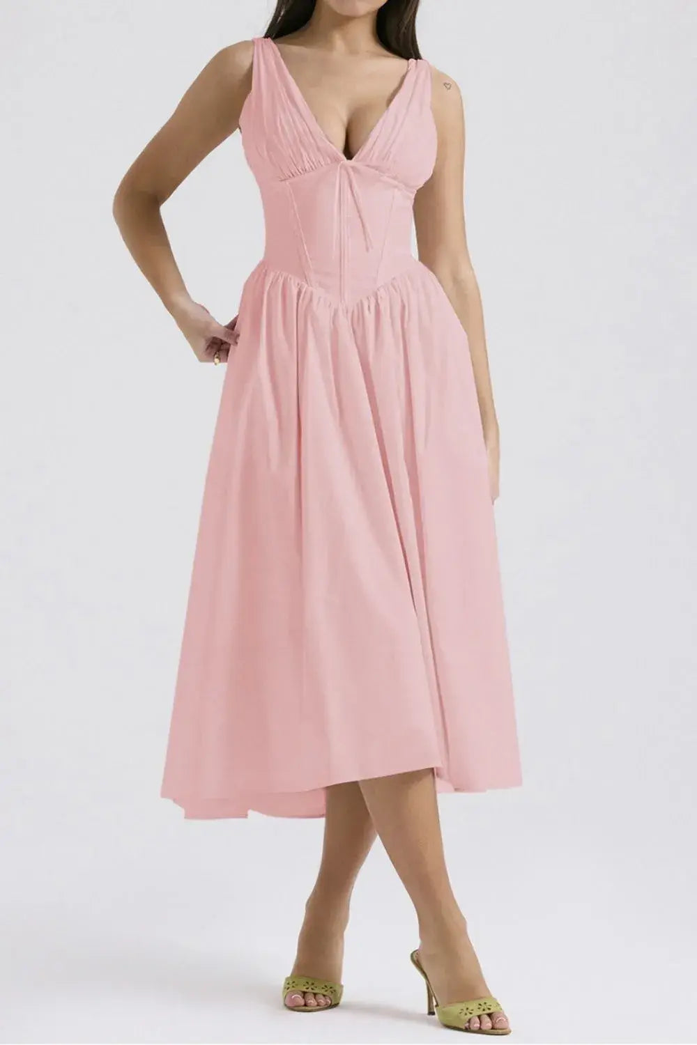 Ruched V-Neck Sleeveless Dress with Pockets - Trendsi - Flyclothing LLC