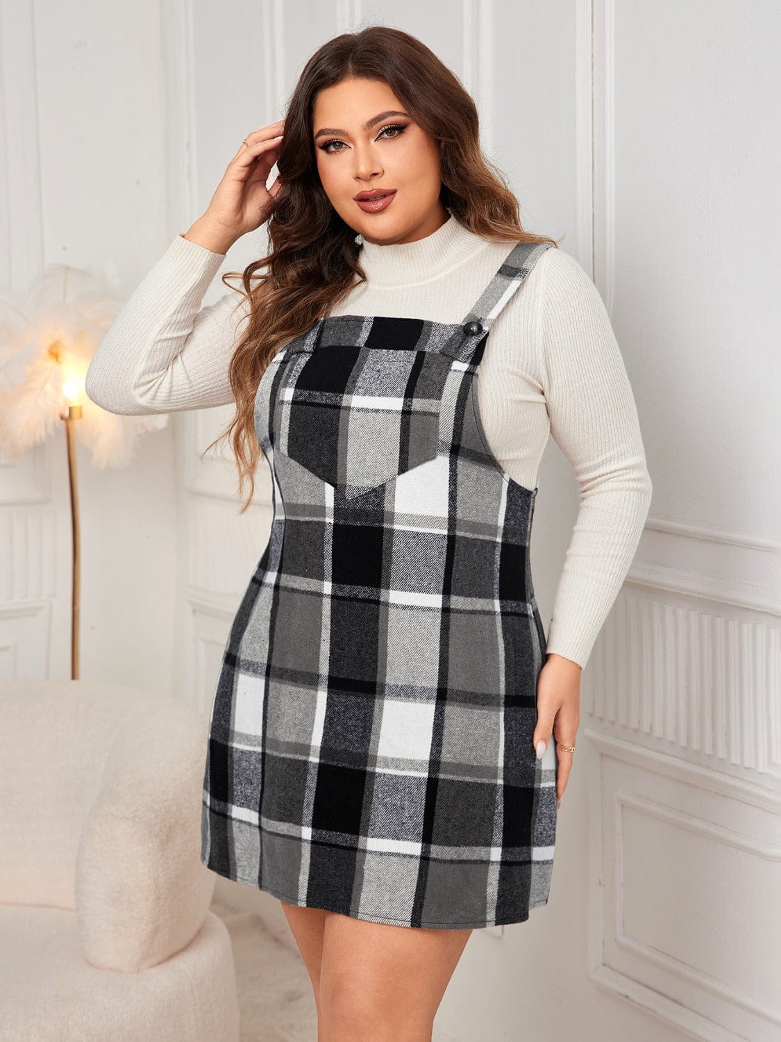 Plus Size Plaid Wide Strap Overall Dress - Trendsi