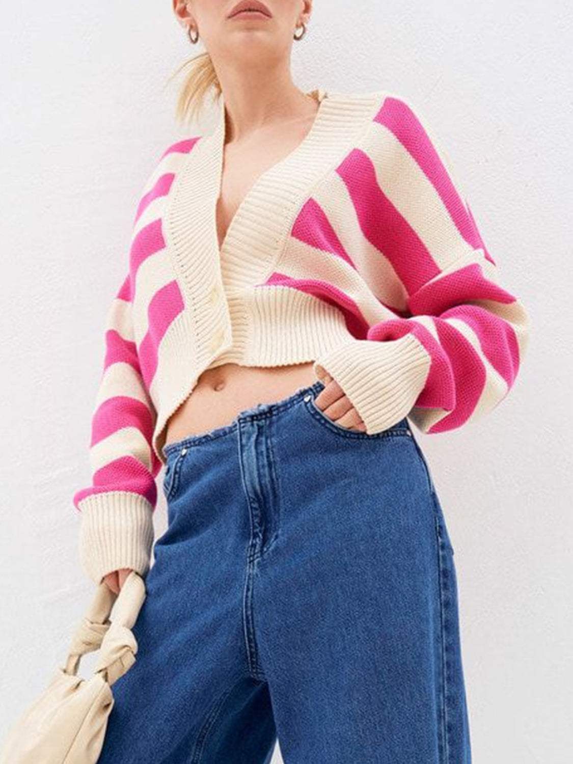 Striped Button Down Drop Shoulder Cardigan - Trendsi - Flyclothing LLC