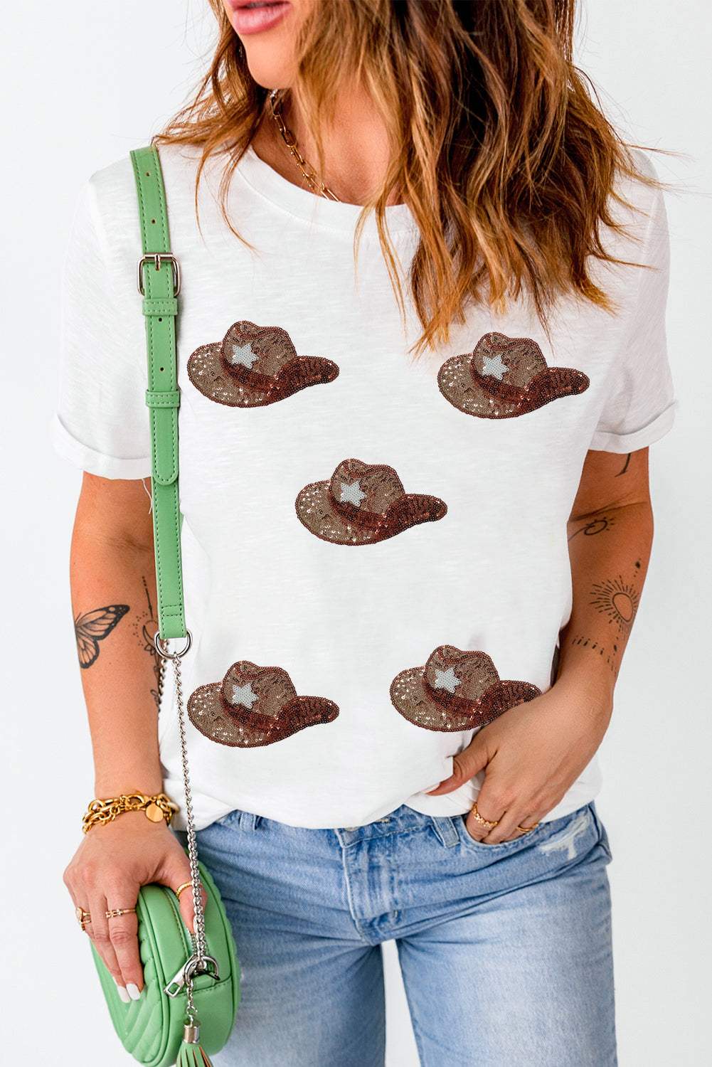 Sequin Hat Round Neck Short Sleeve T-Shirt - Trendsi - Flyclothing LLC