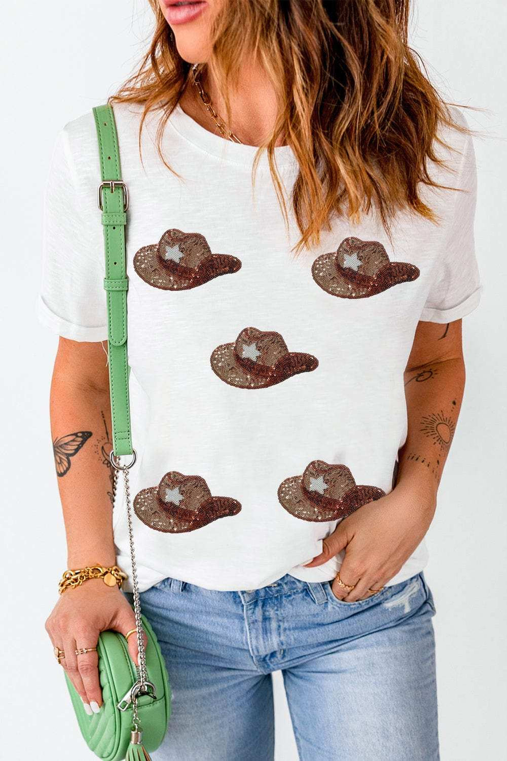 Sequin Hat Round Neck Short Sleeve T-Shirt - Trendsi - Flyclothing LLC