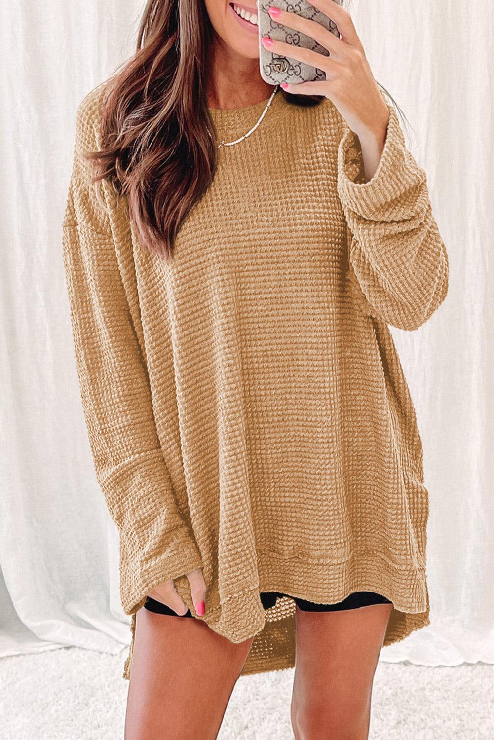 Waffle-Knit Round Neck Long Sleeve Sweatshirt - Flyclothing LLC
