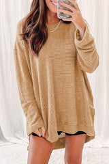 Waffle-Knit Round Neck Long Sleeve Sweatshirt - Flyclothing LLC