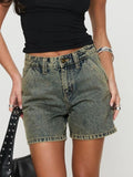 Washed High Rise Denim Shorts - Trendsi