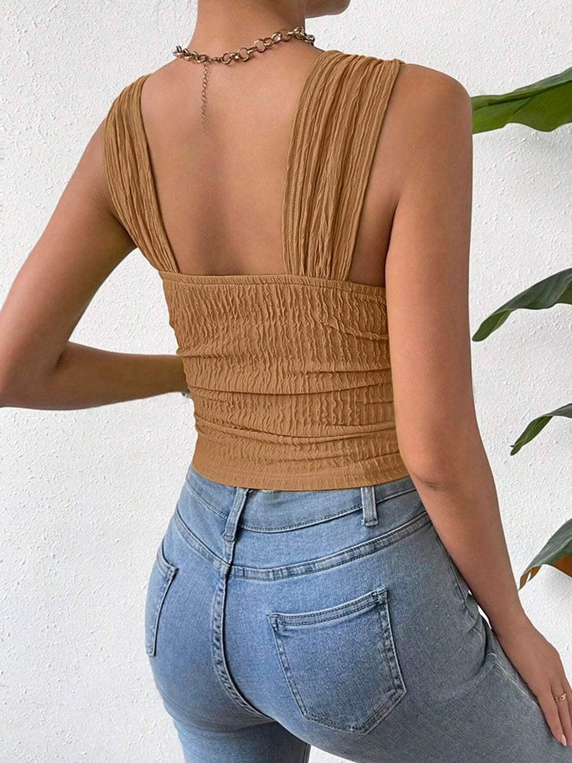 Textured Square Neck Wide Strap Tank - Trendsi - Flyclothing LLC