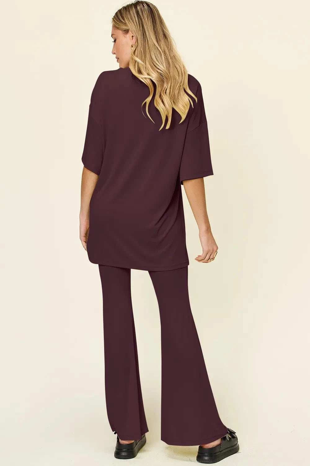Double Take Full Size Round Neck Drop Shoulder T-Shirt and Flare Pants Set - Trendsi - Flyclothing LLC