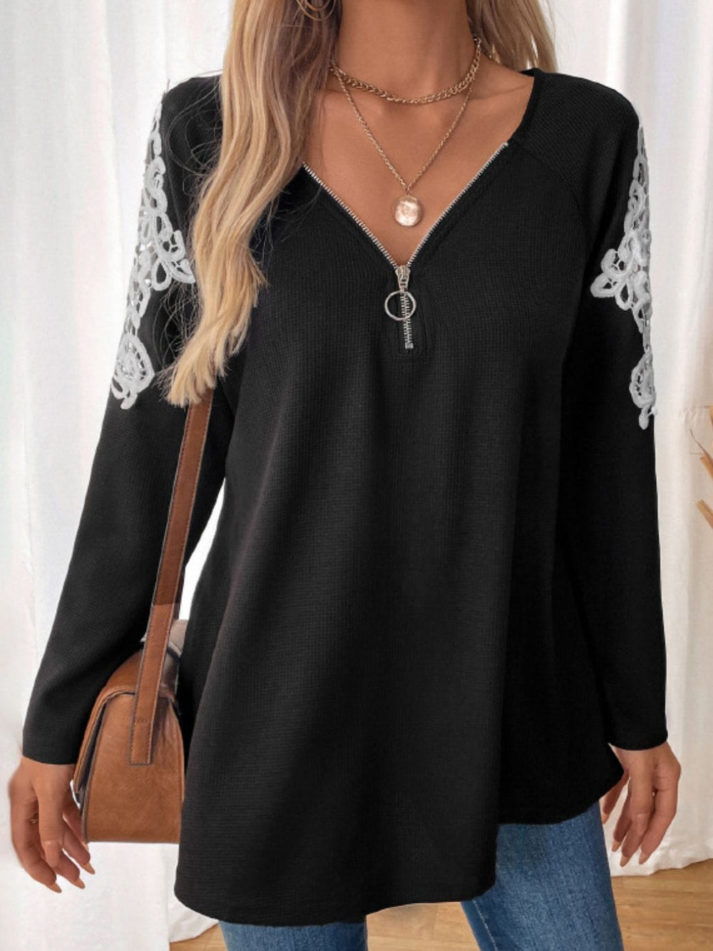 Perfee Lace Detail Quarter Zip Long Sleeve Top - Trendsi
