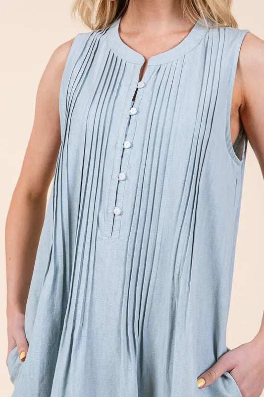 Lime 'N' Chili Denim Pintuck Detail Sleeveless Midi Dress - Trendsi - Flyclothing LLC