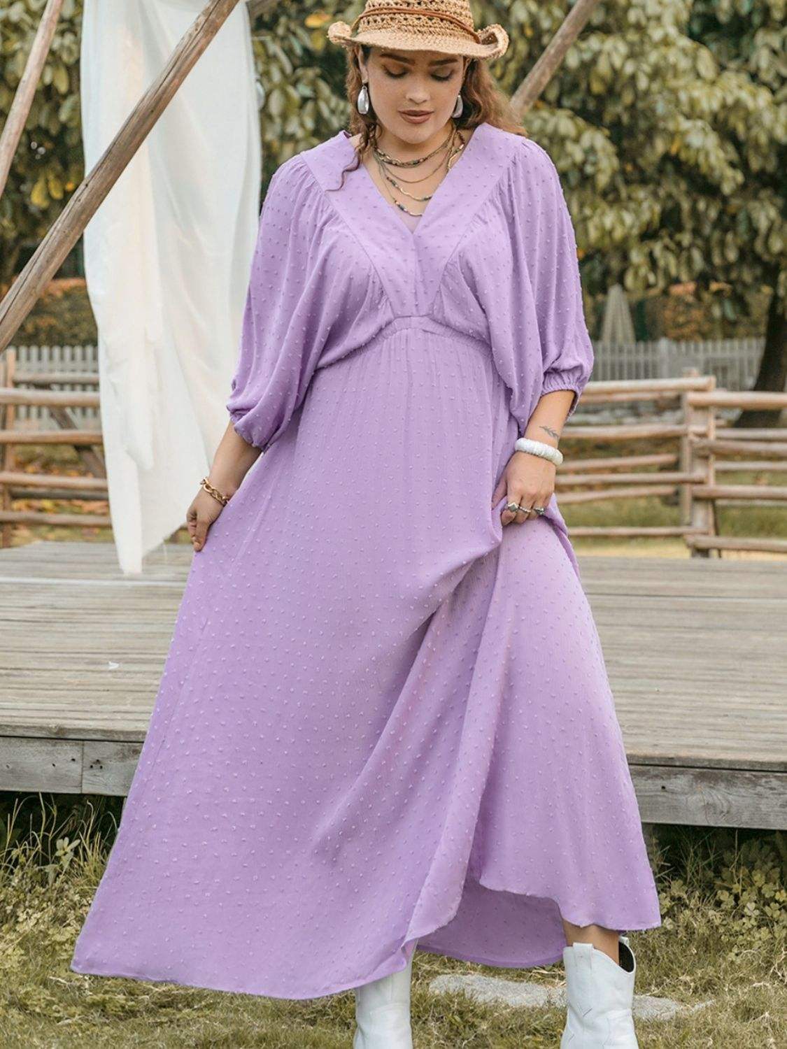 Plus Size Swiss Dot V-Neck Midi Dress - Trendsi - Flyclothing LLC