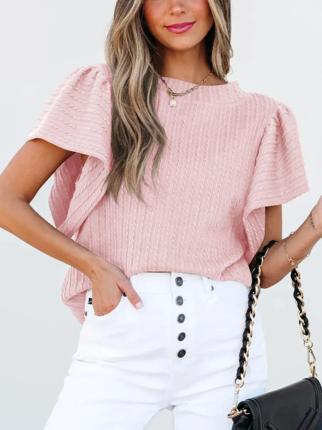 Round Neck Ruffle Sleeve Top - Trendsi - Flyclothing LLC