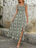 Smocked Slit Printed Tie Shoulder Dress - Trendsi