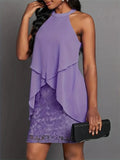 Halter Neck Layered Lace Mini Dress - Trendsi