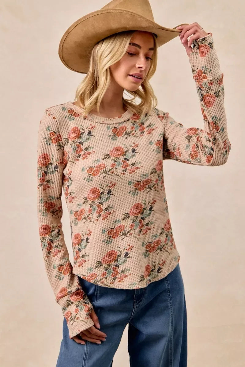 BiBi Floral Print Washed Waffle Thermal Top with Thumb - Trendsi - Flyclothing LLC