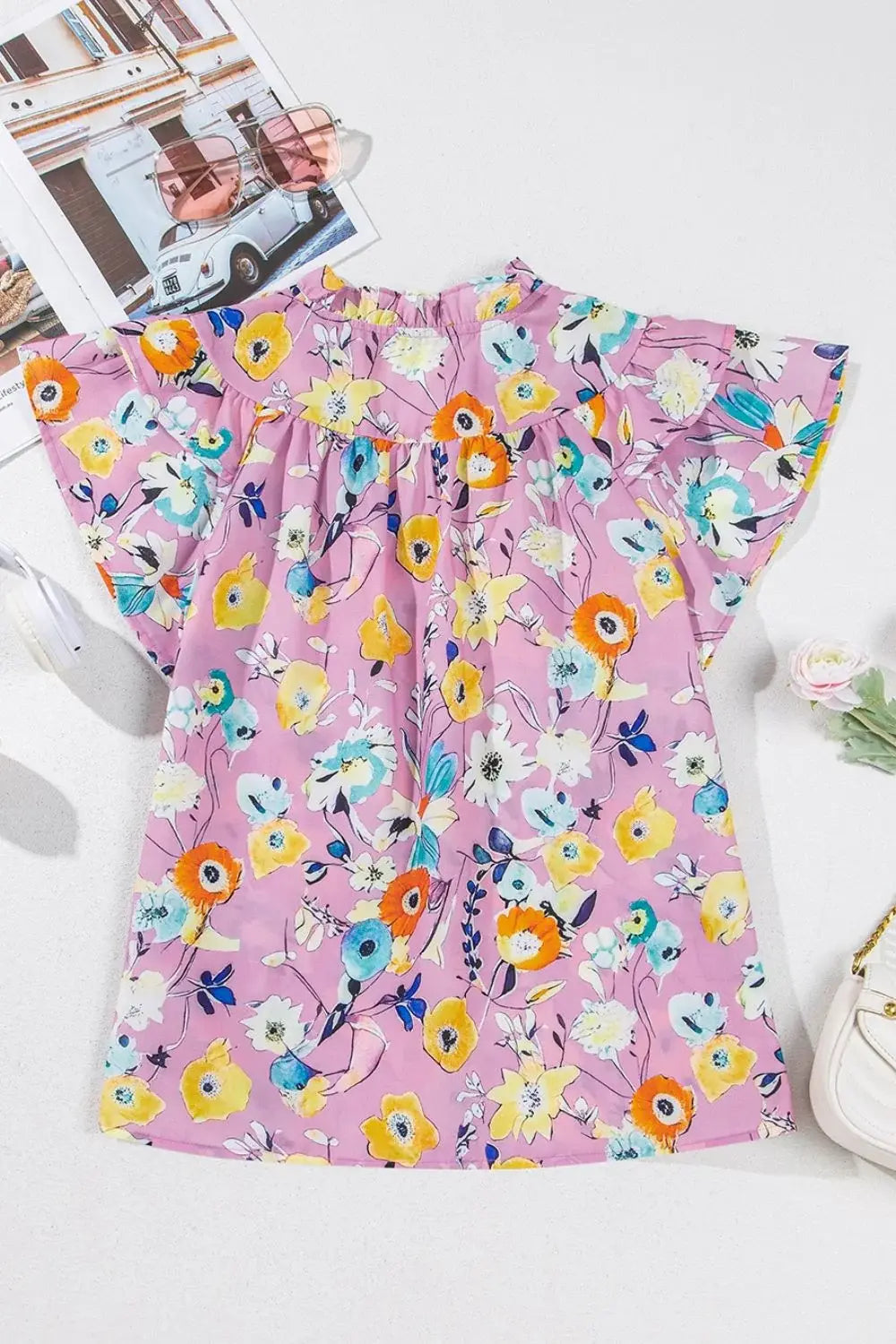 Printed Notched Double Layered Ruffle Sleeve Blouse - Trendsi - Flyclothing LLC