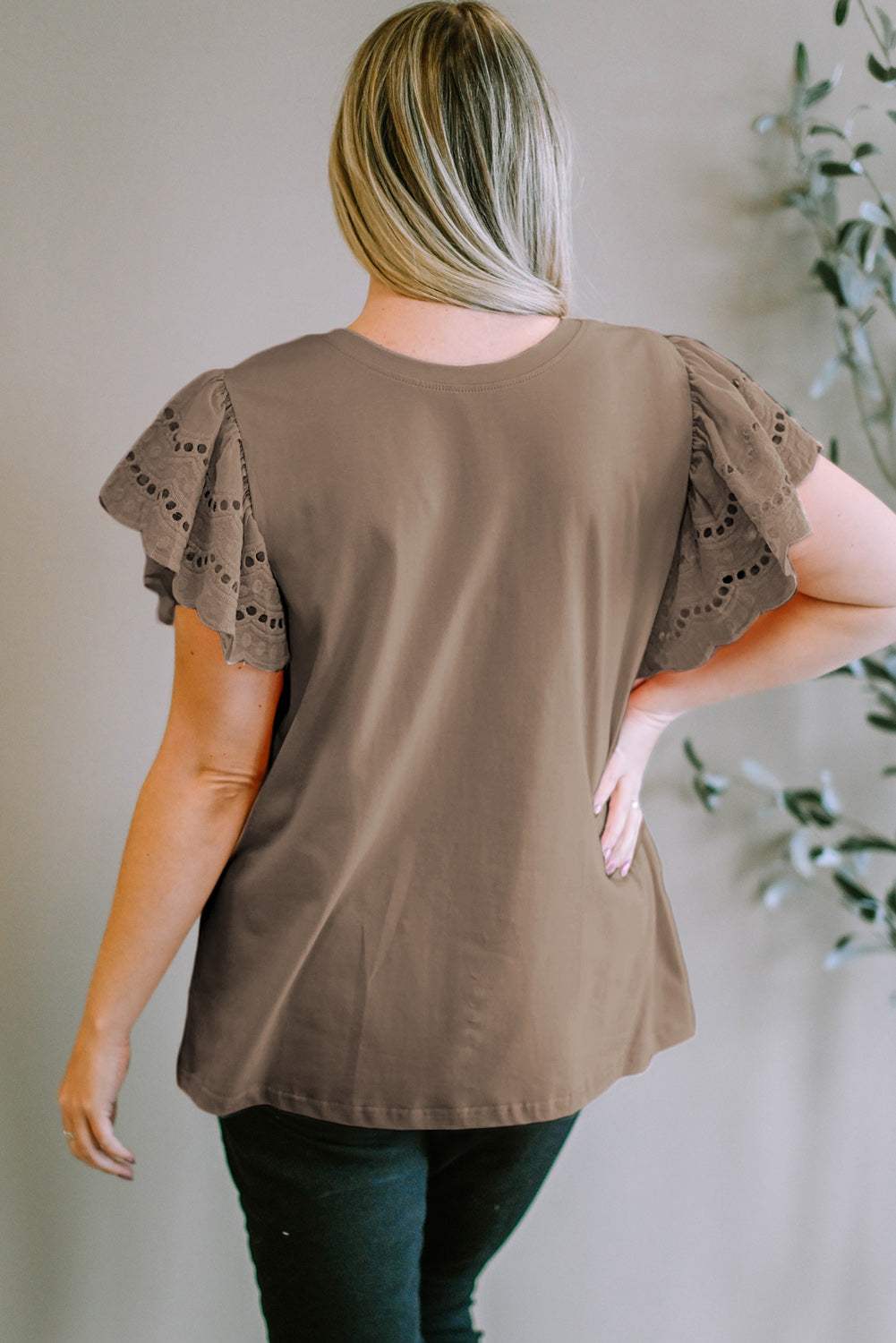 Plus Size Eyelet Round Neck Short Sleeve Blouse - Trendsi - Flyclothing LLC