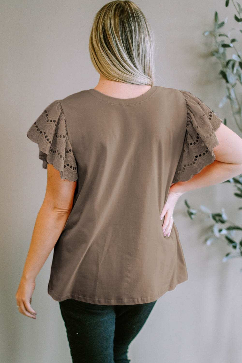 Plus Size Eyelet Round Neck Short Sleeve Blouse - Trendsi - Flyclothing LLC