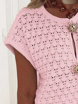 Crochet Short Sleeve Button Front Cardigan - Trendsi - Flyclothing LLC