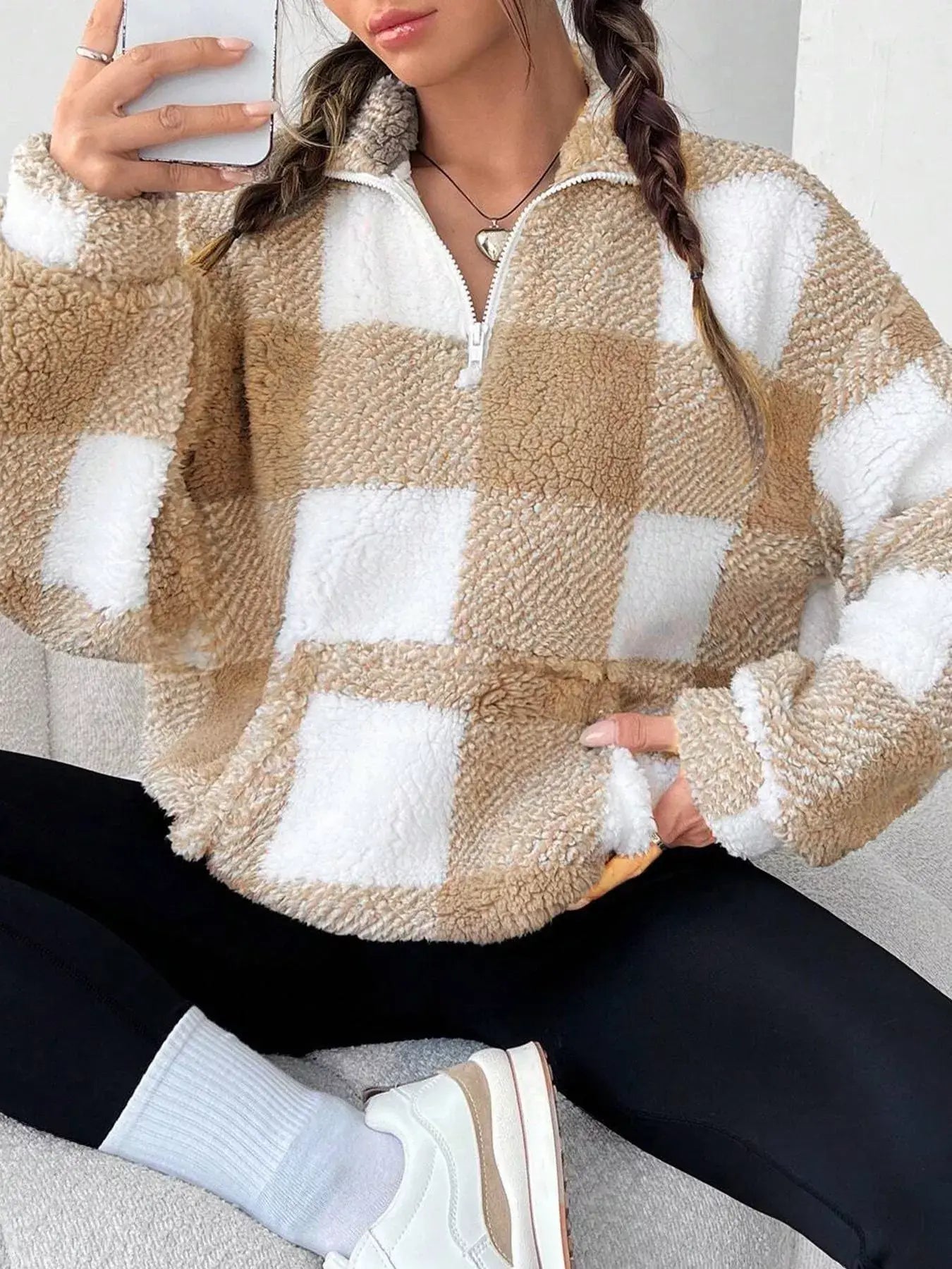 Full Size Plaid Sherpa Long Sleeve Sweatshirt Plus Size - Trendsi - Flyclothing LLC