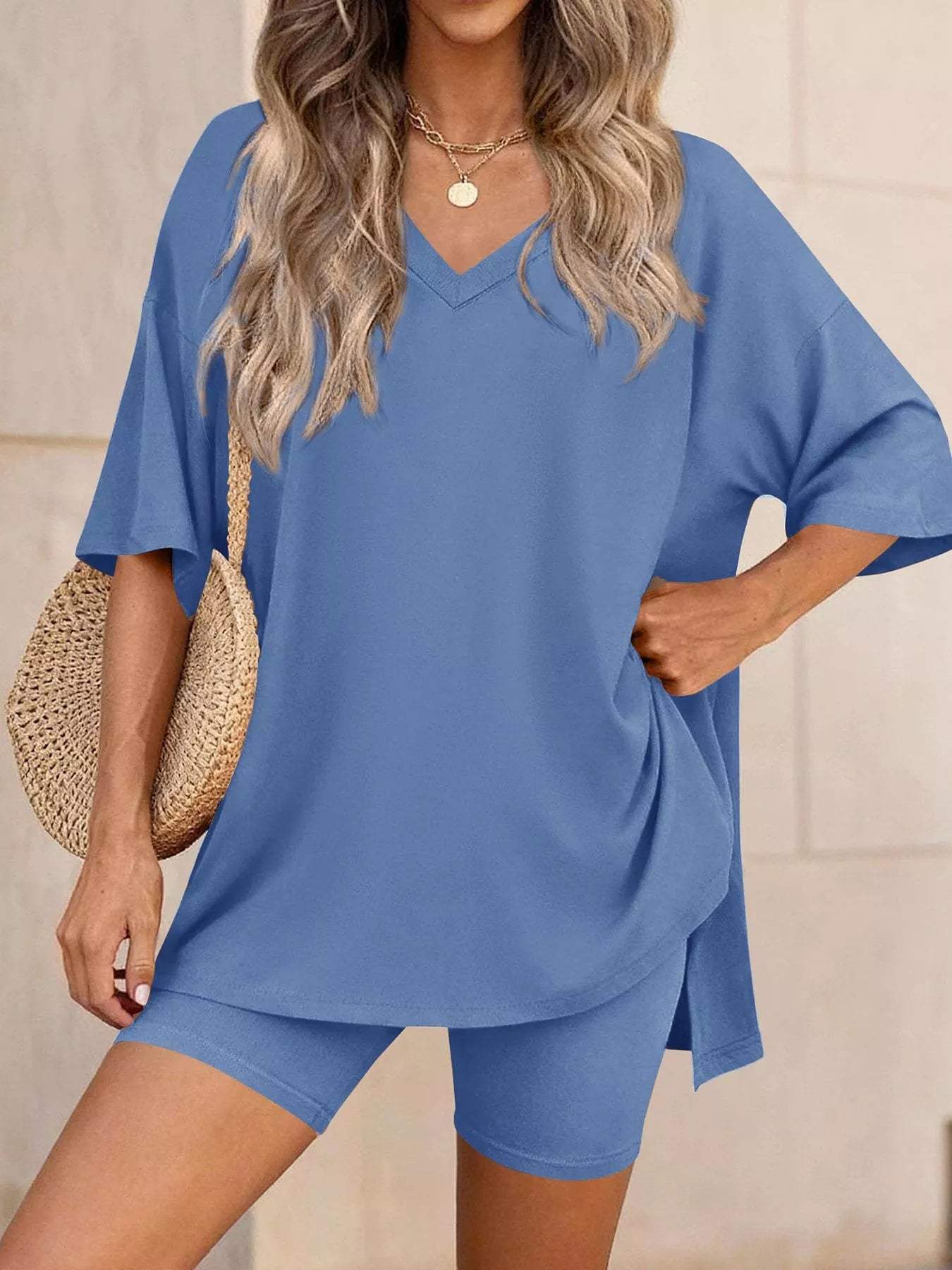 Full Size Casual Loose V-Neck T-Shirt & Shorts Set Plus Size - Trendsi - Flyclothing LLC