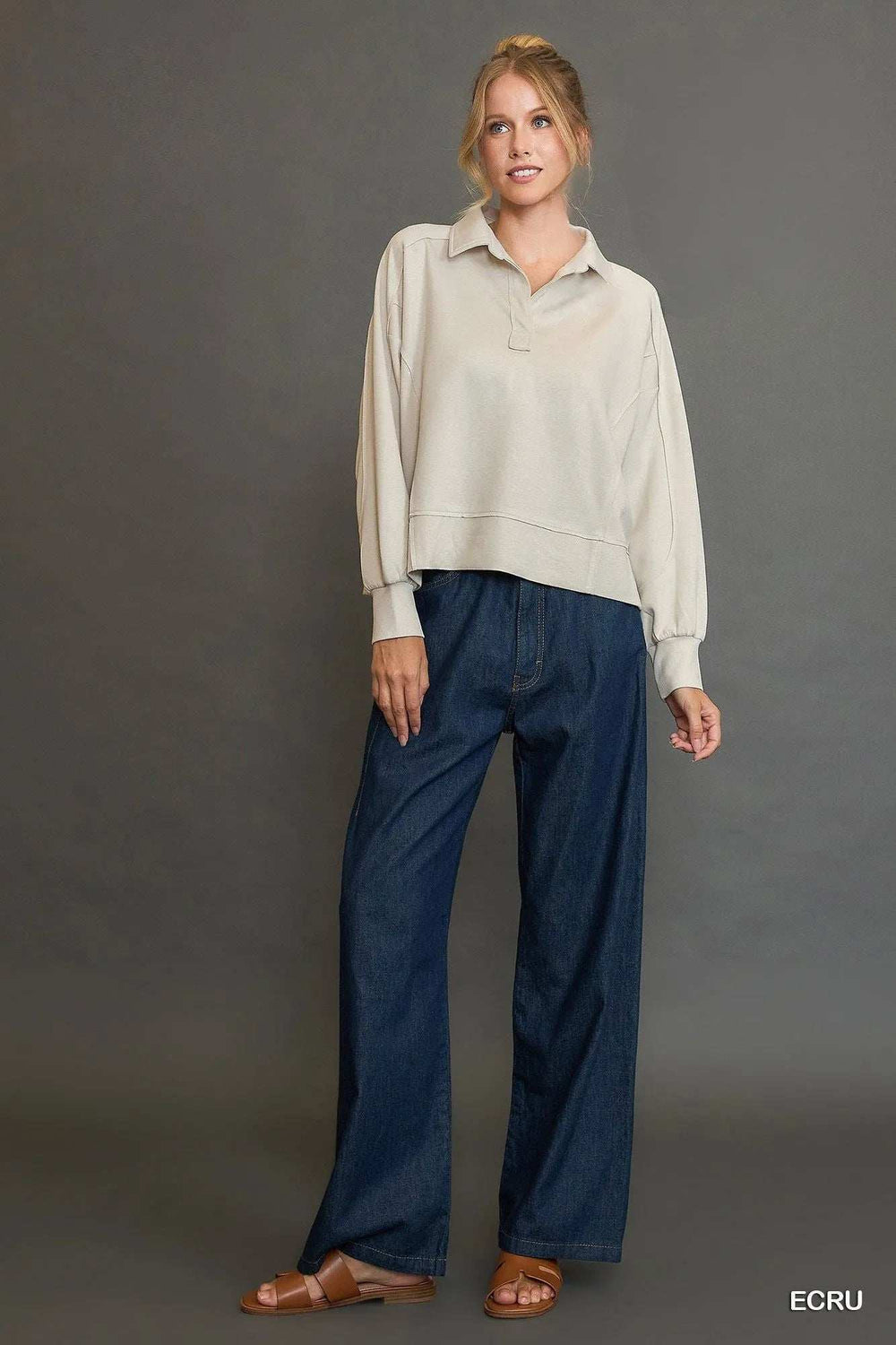 Umgee Collared Neck Long Sleeve Top with Raw Hem Detail - Trendsi - Flyclothing LLC
