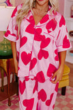 Heart Collared Neck Short Sleeve Top and Pants Lounge Set - Trendsi