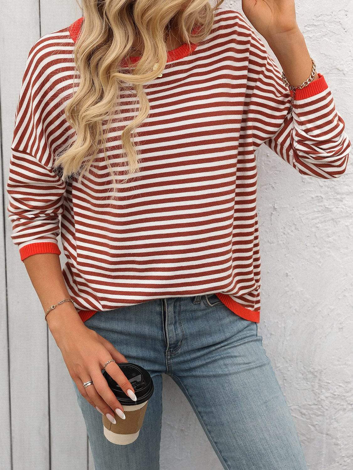 Mandy Striped Round Neck Long Sleeve Sweater - Trendsi - Flyclothing LLC