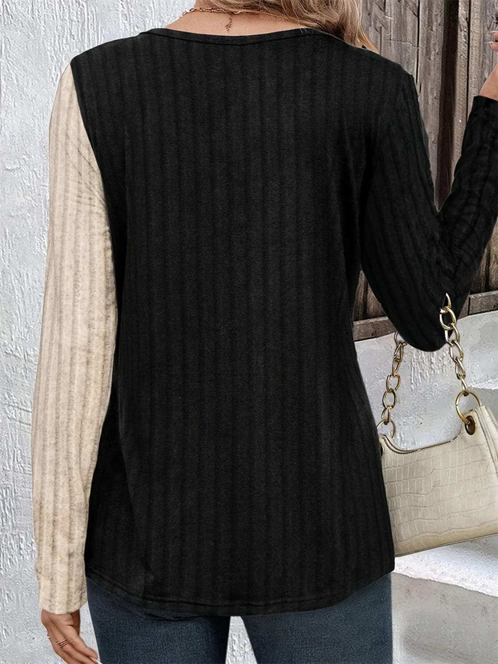 Decorative Button Contrast Round Neck Long Sleeve T-Shirt - Trendsi - Flyclothing LLC