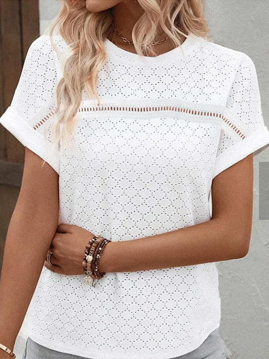 Eyelet Round Neck Short Sleeve Blouse - Trendsi - Flyclothing LLC