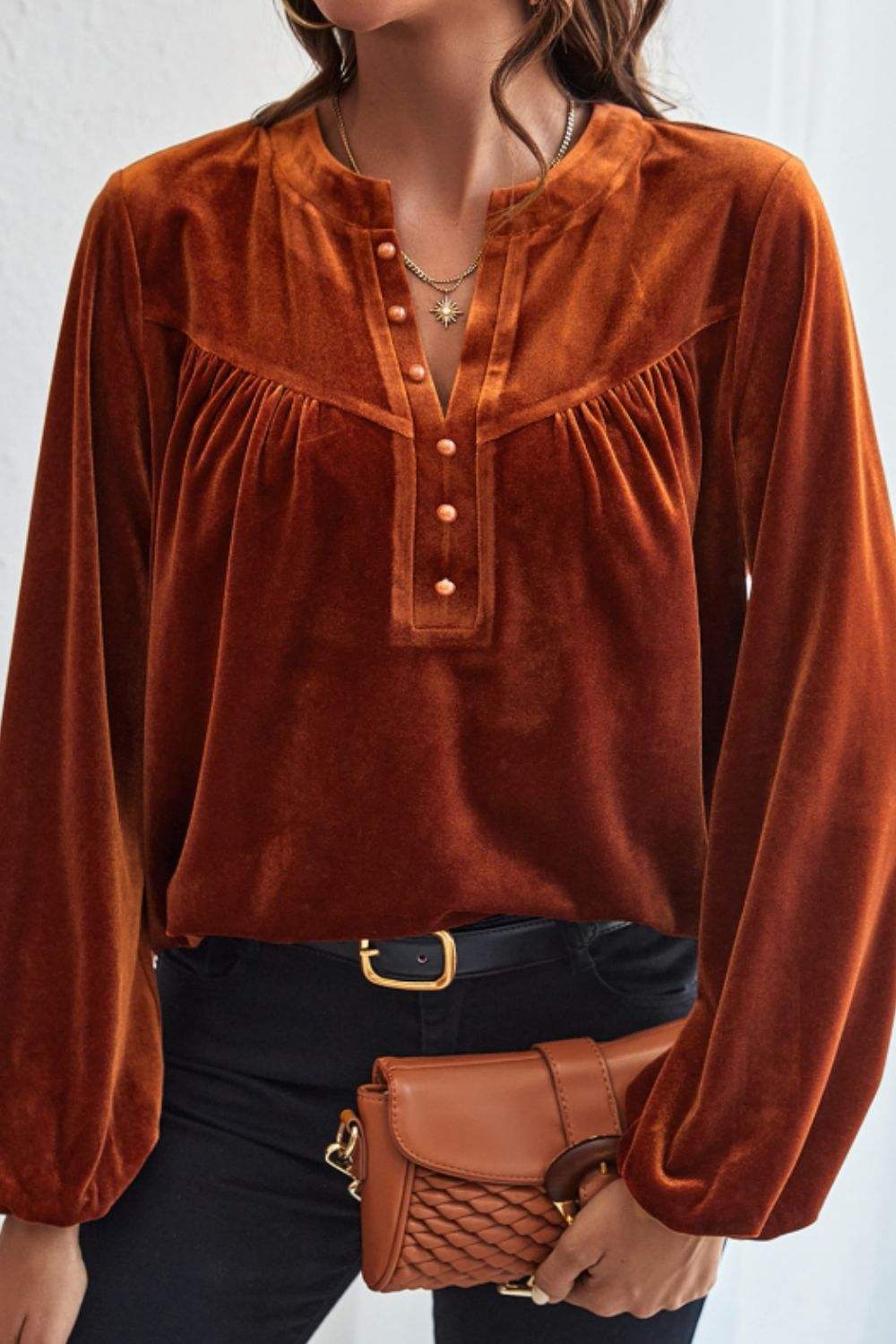 Notched Long Sleeve Velvet Top - Trendsi - Flyclothing LLC