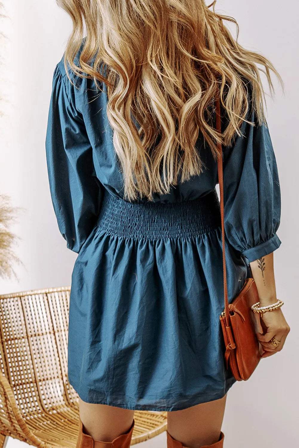 Smocked Half Button Three-Quarter Sleeve Mini Dress - Trendsi - Flyclothing LLC