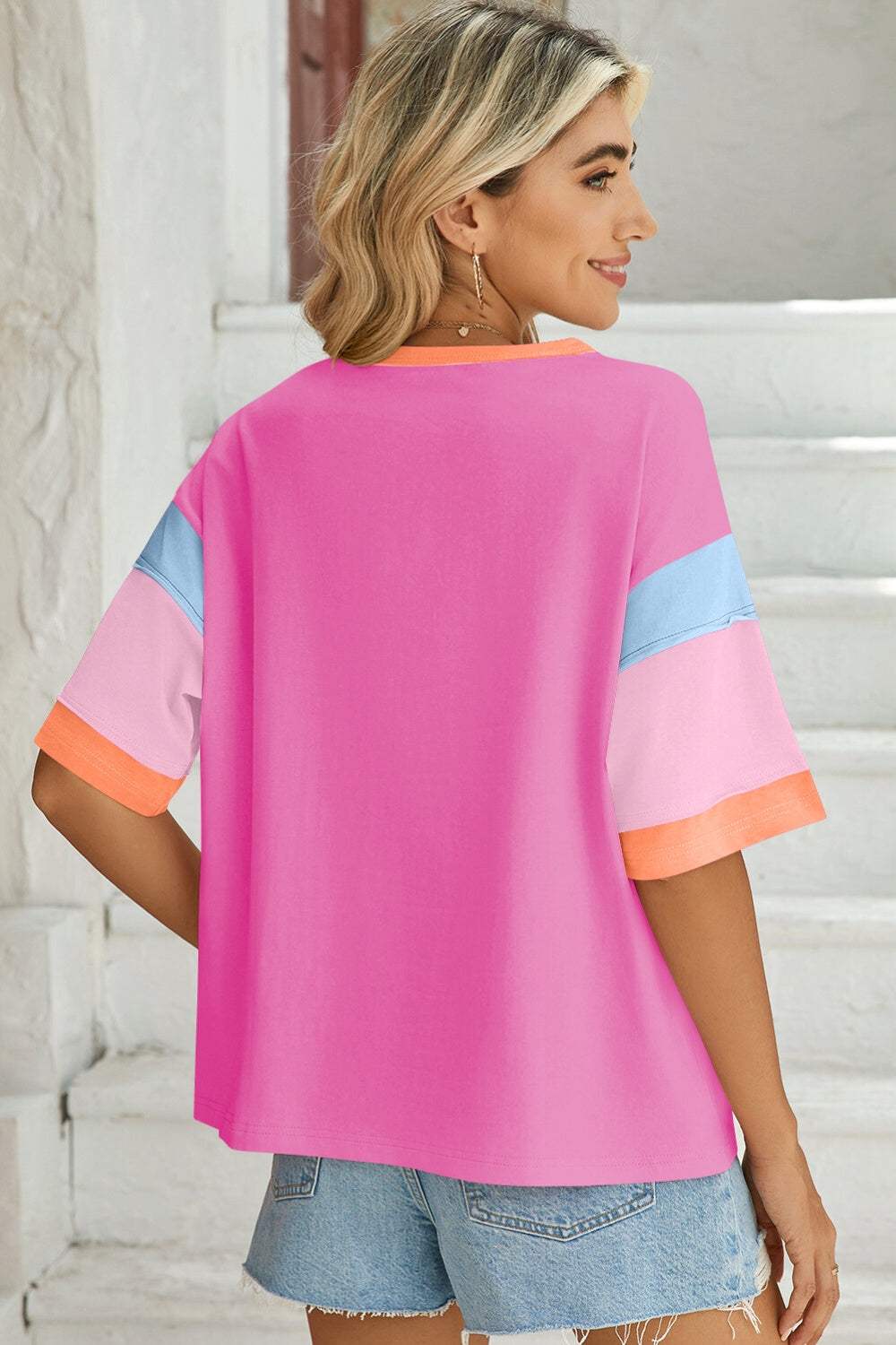 Lovelet Color Block Round Neck Half Sleeve T-Shirt - Trendsi - Flyclothing LLC