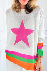 Star Contrast Round Neck Long Sleeve Knit Top - Trendsi - Flyclothing LLC