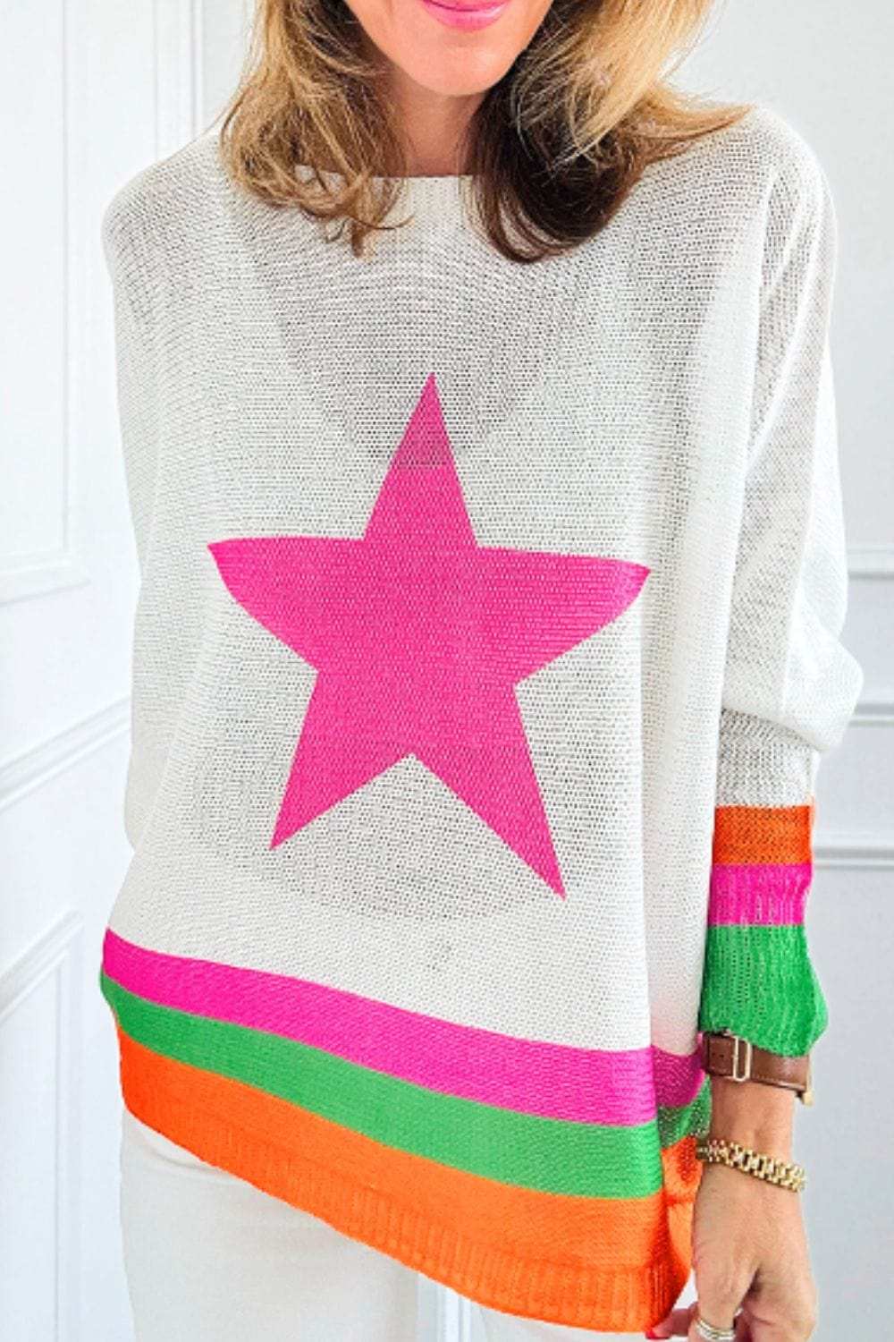 Star Contrast Round Neck Long Sleeve Knit Top - Trendsi - Flyclothing LLC