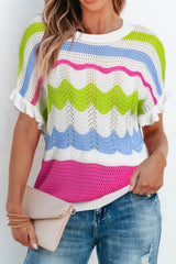 Color Block Crochet Ruffled Short Sleeve Knit Top - Trendsi - Flyclothing LLC
