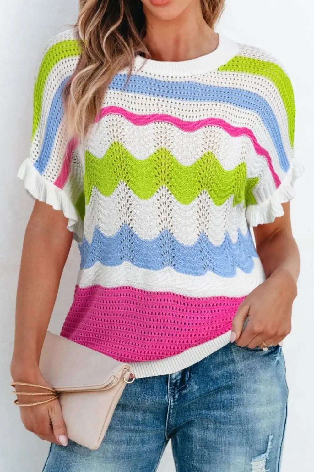 Color Block Crochet Ruffled Short Sleeve Knit Top - Trendsi - Flyclothing LLC