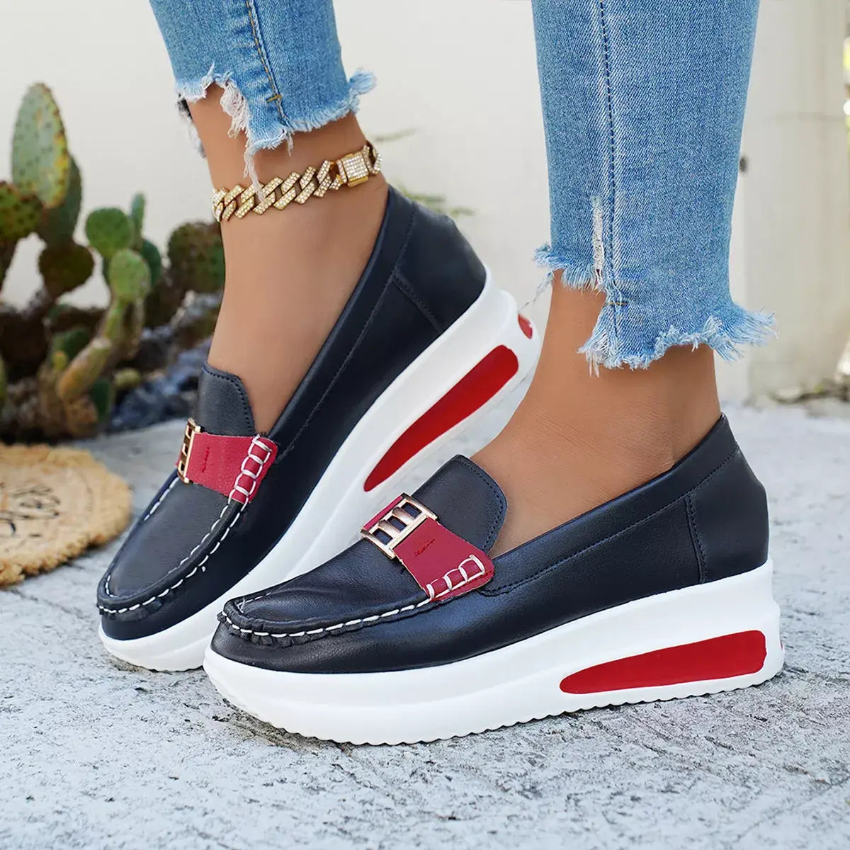 Metal Buckle Round Toe Slip-Ons - Trendsi - Flyclothing LLC