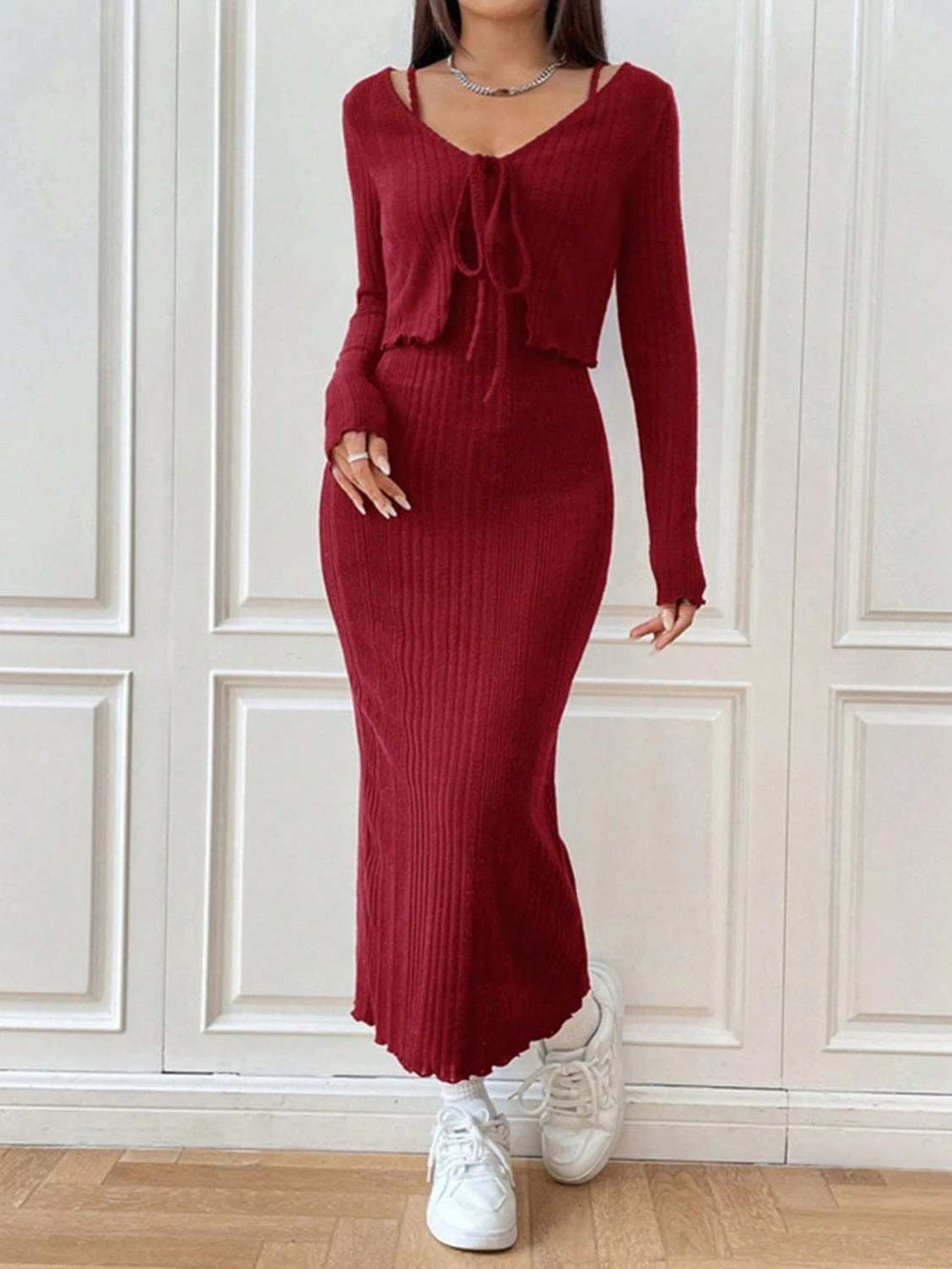 Cami Dress and Tied Long Sleeve Cardigan Set - Trendsi - Flyclothing LLC