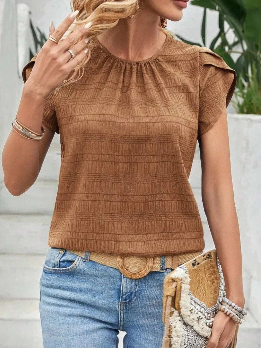 Round Neck Petal Sleeve Top - Trendsi - Flyclothing LLC