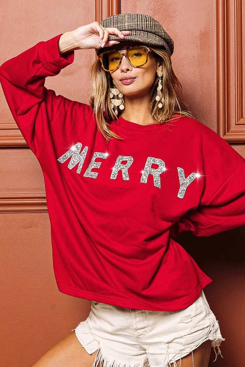 BiBi Merry Glitter Christmas Drop Shoulder Top - Trendsi - Flyclothing LLC
