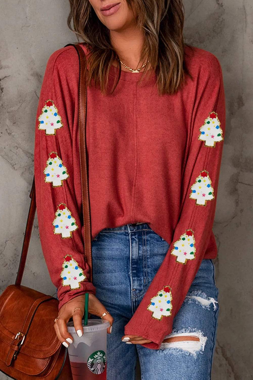 Christmas Tree Round Neck Long Sleeve Top - Trendsi - Flyclothing LLC