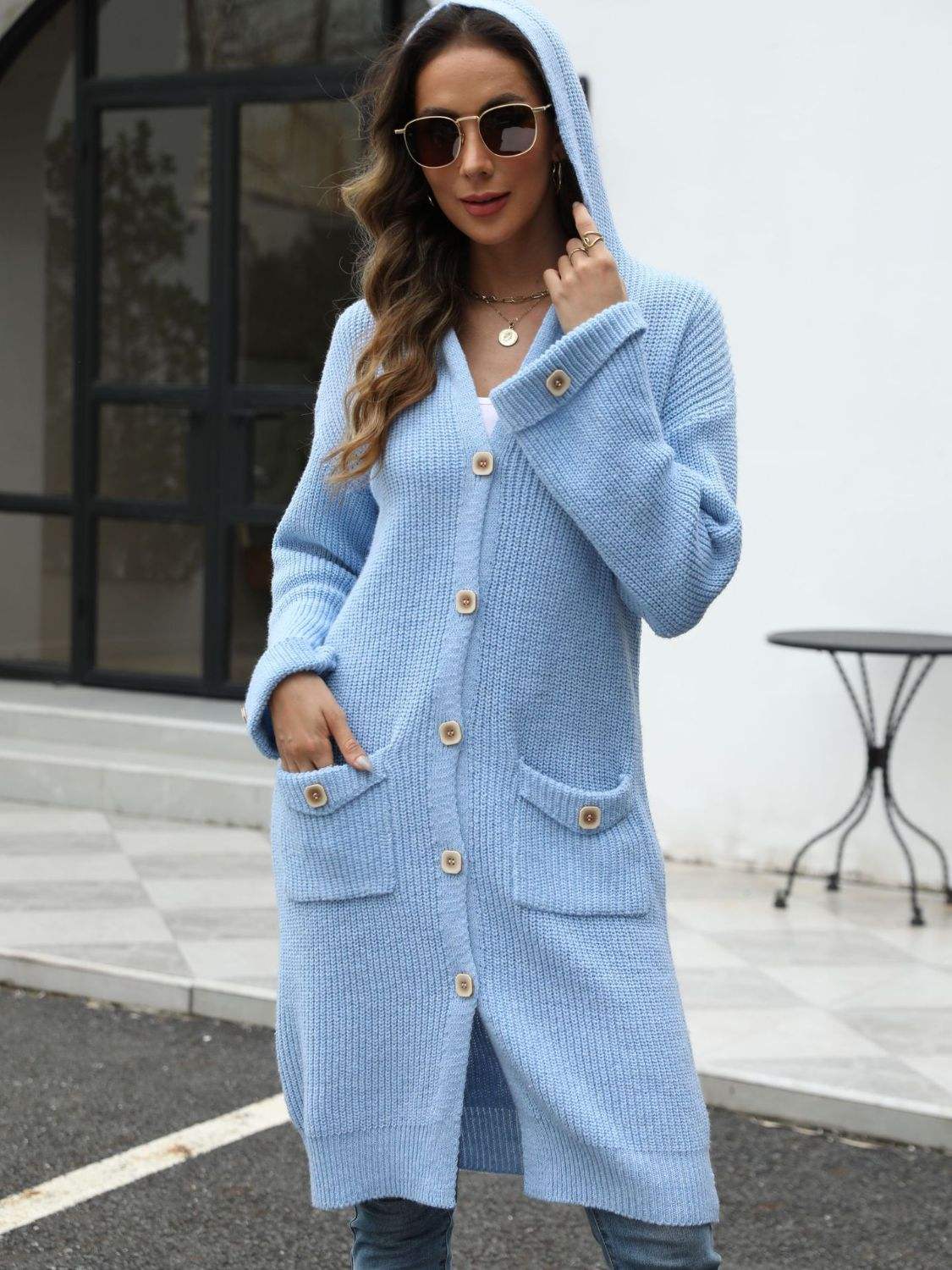 Pocketed Button Up Long Sleeve Hooded Cardigan - Trendsi - Flyclothing LLC