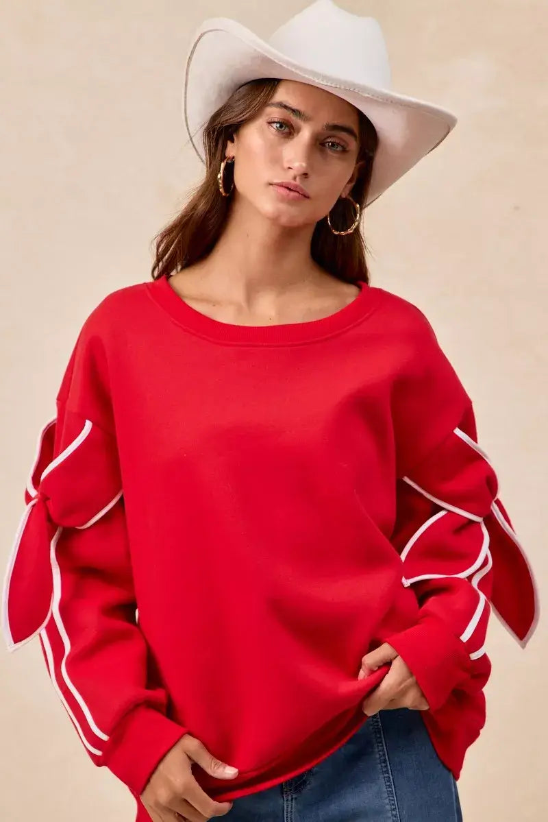 BiBi Bow Detail Sleeves Fleece Sweatshirt - Trendsi - Flyclothing LLC