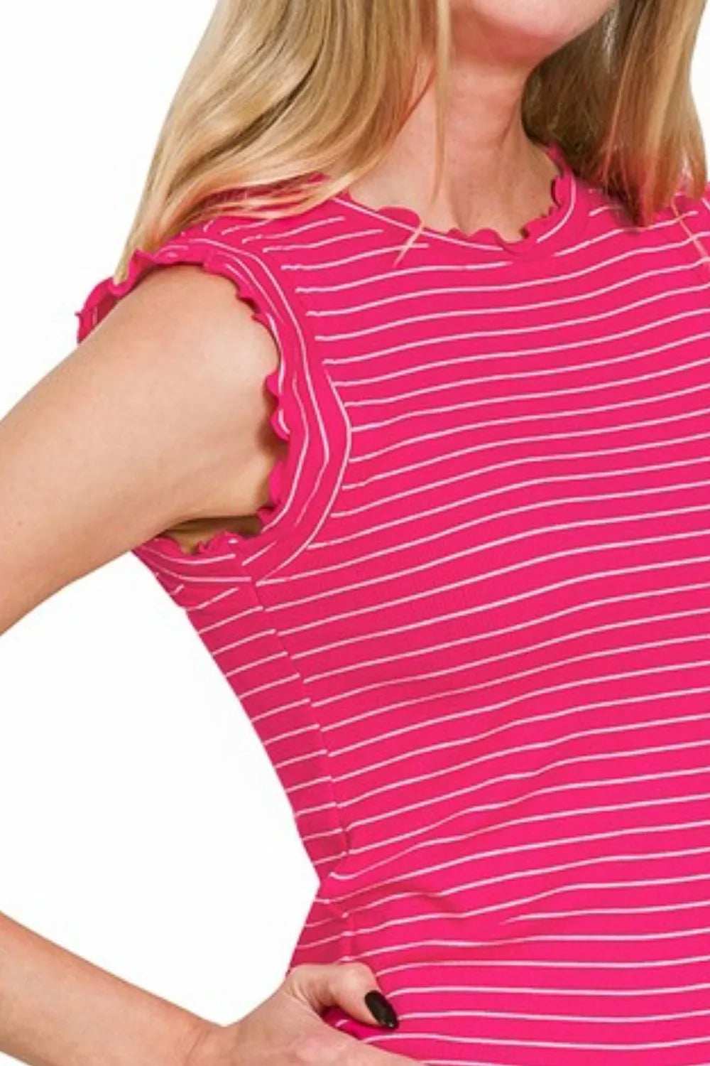 Zenana Ribbed Ruffle Trim Sleeveless Stripe Top - Trendsi - Flyclothing LLC